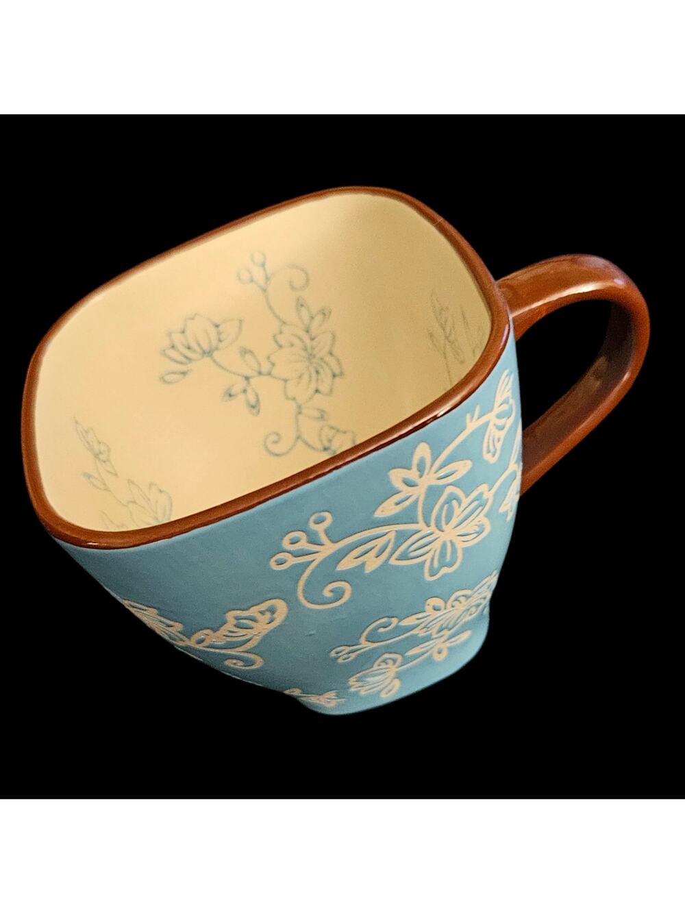 Set of 4 Temp-tations Floral Lace Blue 12 oz Square Coffee Tea Mugs Cups